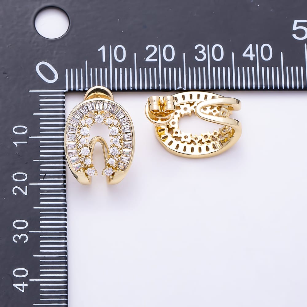 16K Gold Filled 18mm Horseshoe Baguette & Round CZ C-Hoop Stud Earrings | Earrings-00944