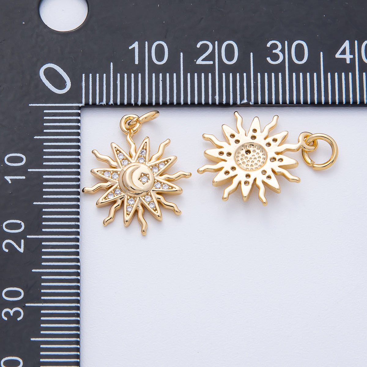 18K Gold Filled 18mm Clear Micro Paved CZ Celestial Crescent Moon Star Sun Ray Charm | AK164