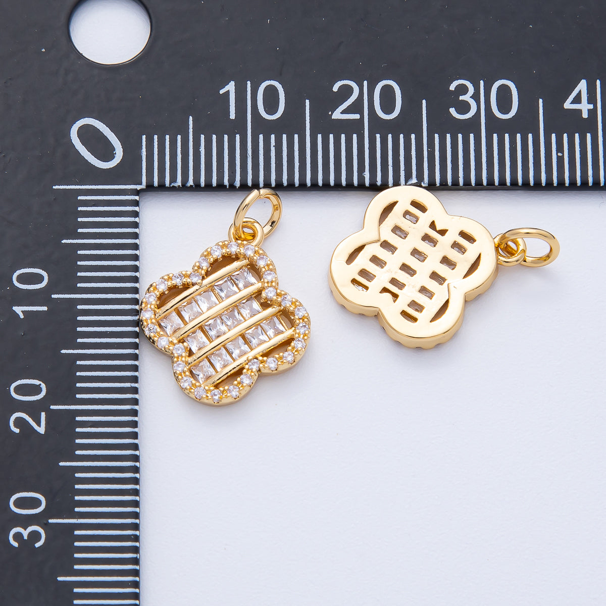 18K Gold Filled 17mm Woven Square Baguette CZ Micro Paved Clover Charm | AK179