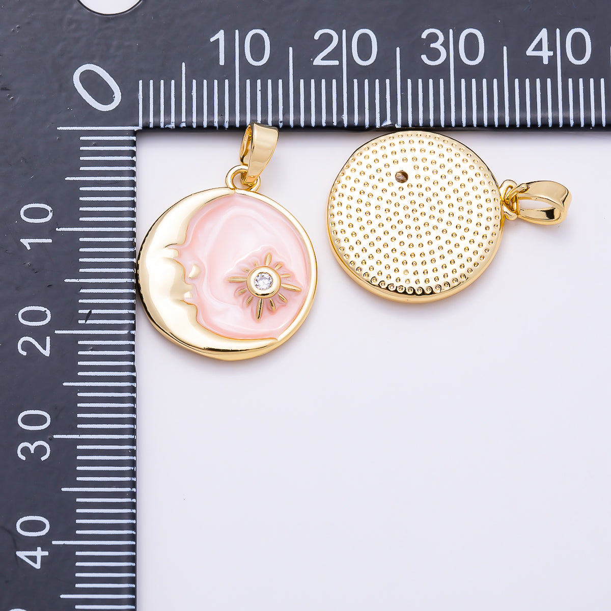 16K Gold Filled 22mm Pink Enamel Celestial Crescent Moon & North Star CZ Charm | Charms-01884