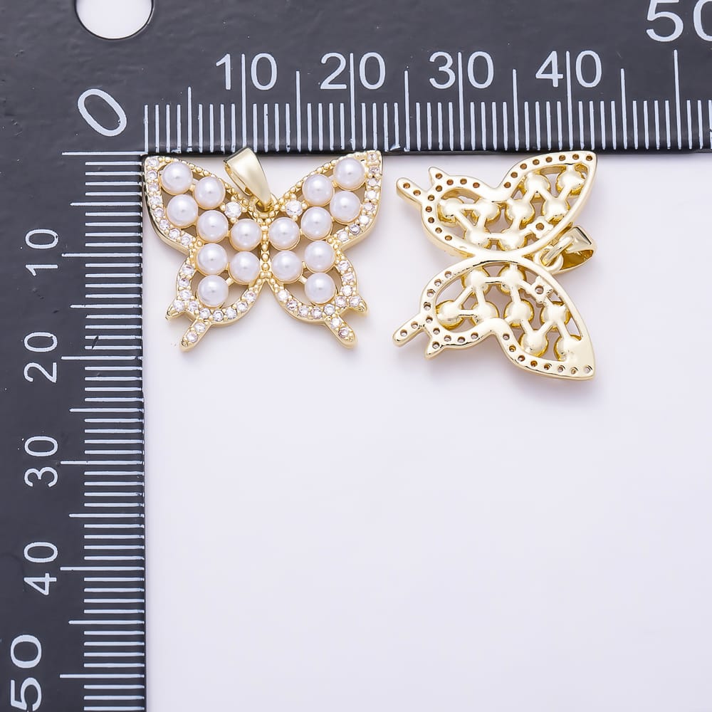 16K Gold Filled 20mm Shell Pearl Micro Paved CZ Butterfly Animal Pendant in Gold & Silver | Charms-02373 Charms-02374