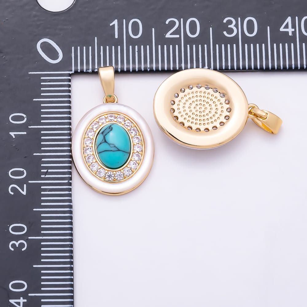 16K Gold Filled 18mm Turquoise Micro Paved CZ Shell Pearl Cabochon Oval Bezel Pendant | Charms-02325