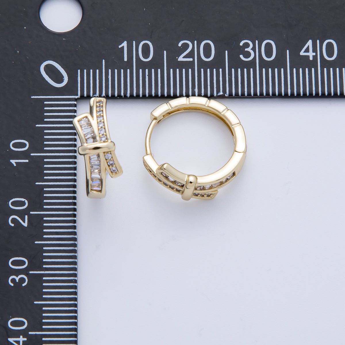 14K Gold Filled 18mm Baguette Micro Paved CZ Ribbed Knot Tied Huggie Earrings | Earrings-00065