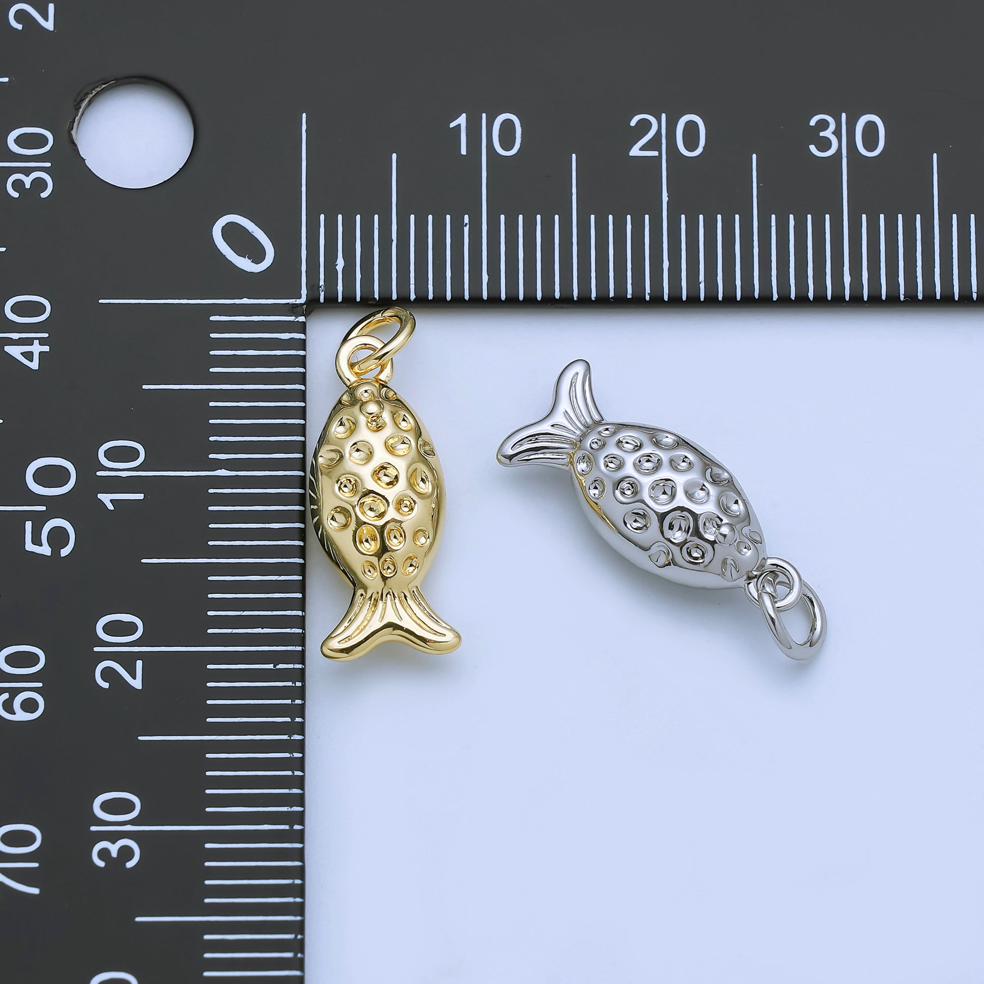 24K Gold Filled 18mm Dotted Fish Multidimensional 3D Charm in Gold & Silver | AJ482