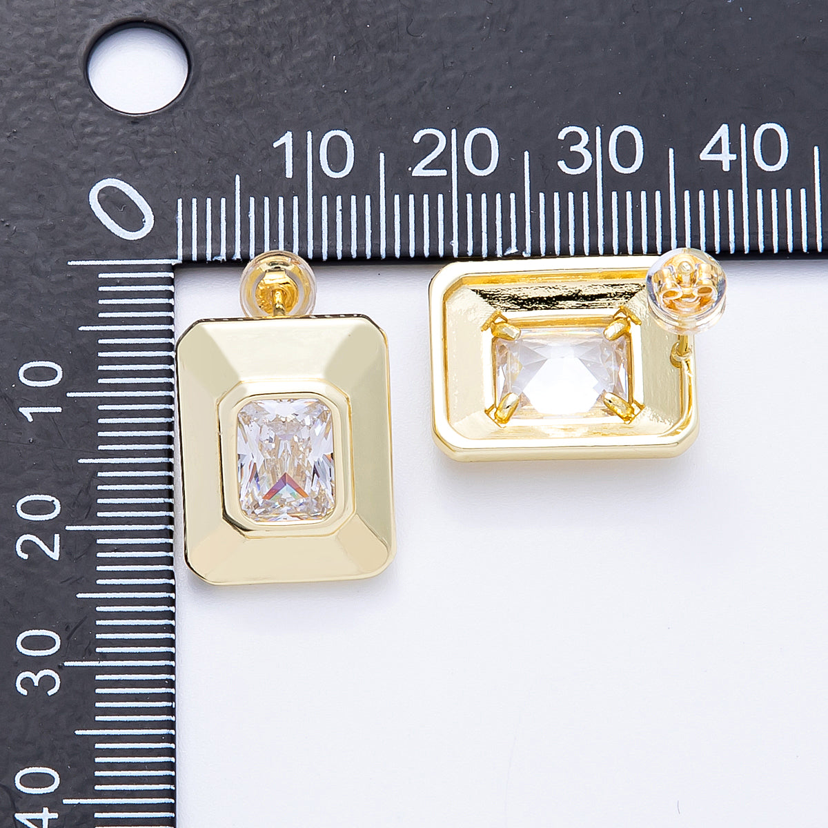16K Gold Filled Clear Baguette CZ Rectangle Bezel Stud Earrings | EARRINGS-00163