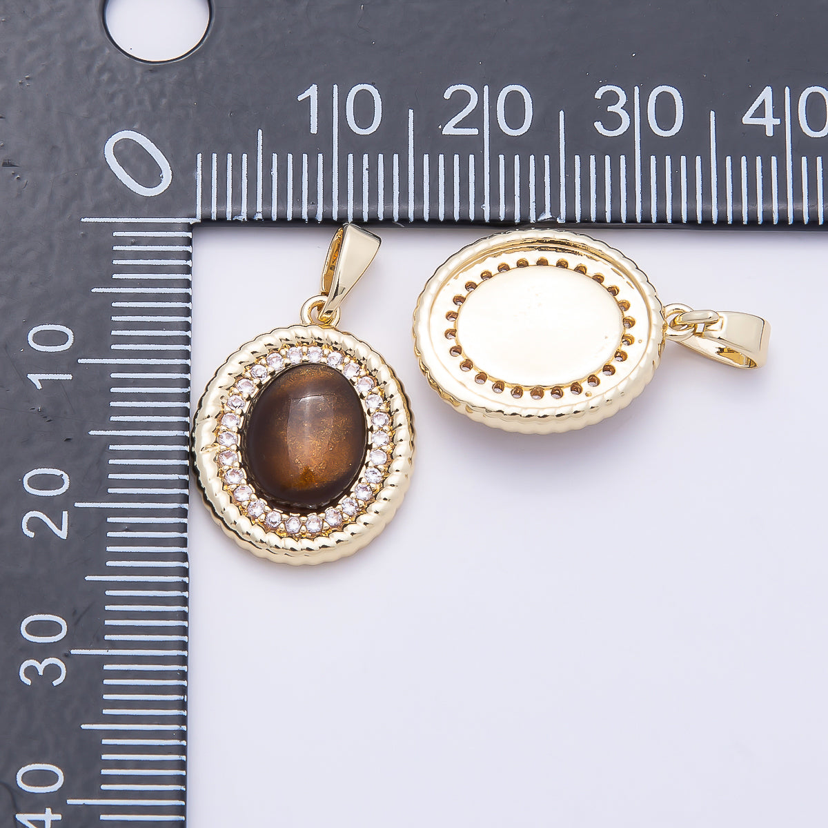 16K Gold Filled 18mm Tiger Eye Cabochon Micro Paved CZ Croissant Bezel Oval Pendant | Charms-00952