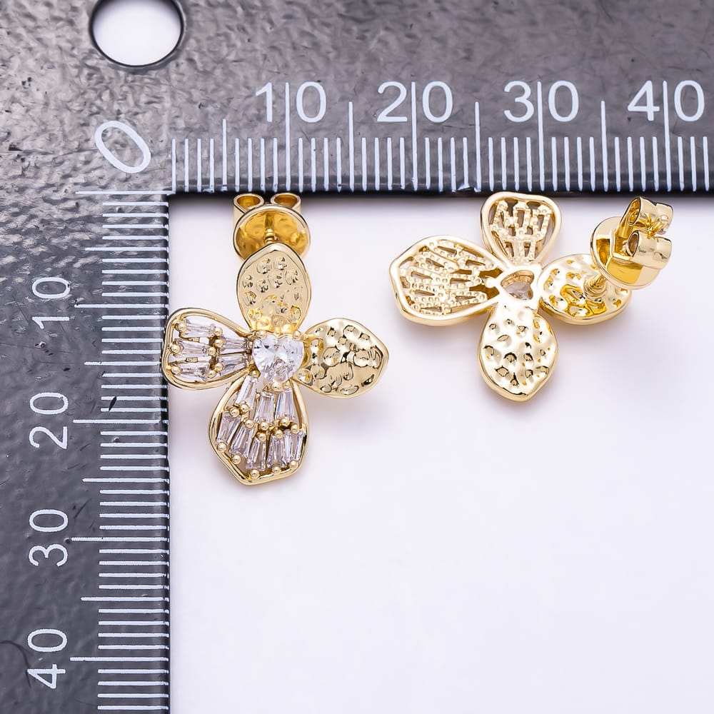 16K Gold Filled 19mm Heart & Baguette CZ Sandblasted Four-Petal Flower Stud Earrings in Gold & Silver | Earrings-00892 - Earrings-00893