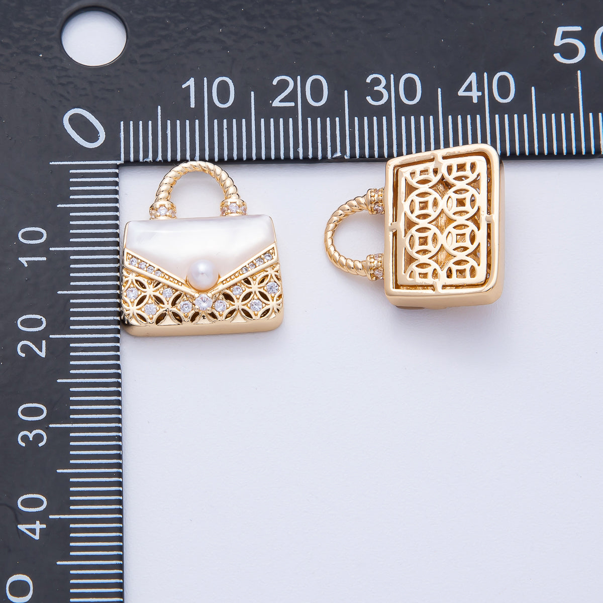 18K Gold Filled 19mm White, Pink Shell Pearl Micro Paved CZ Top Handle Bag Pendant | AK153