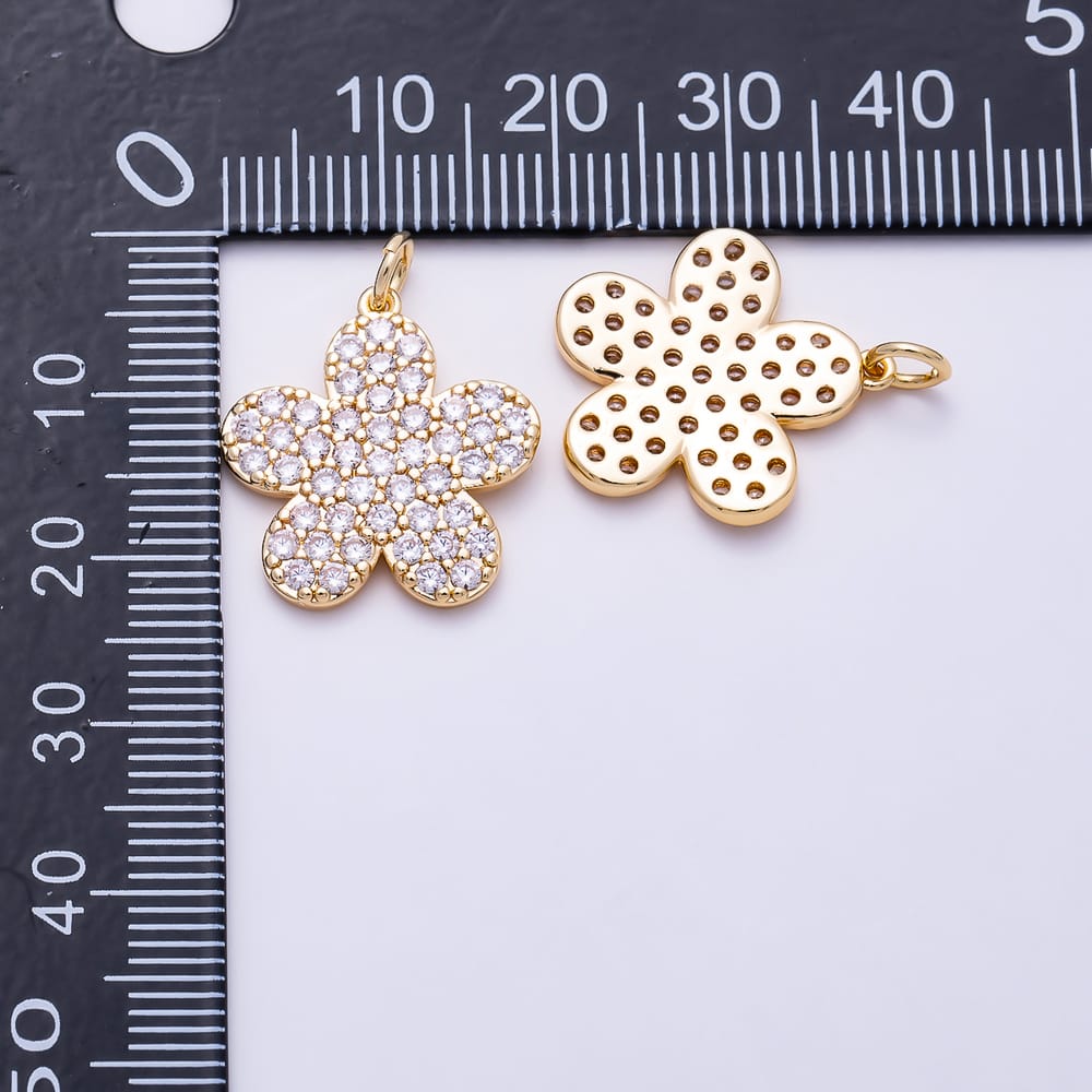 16K Gold Filled 19mm Clear Micro Paved CZ 5-Petal Flower Charms | Charms-02203