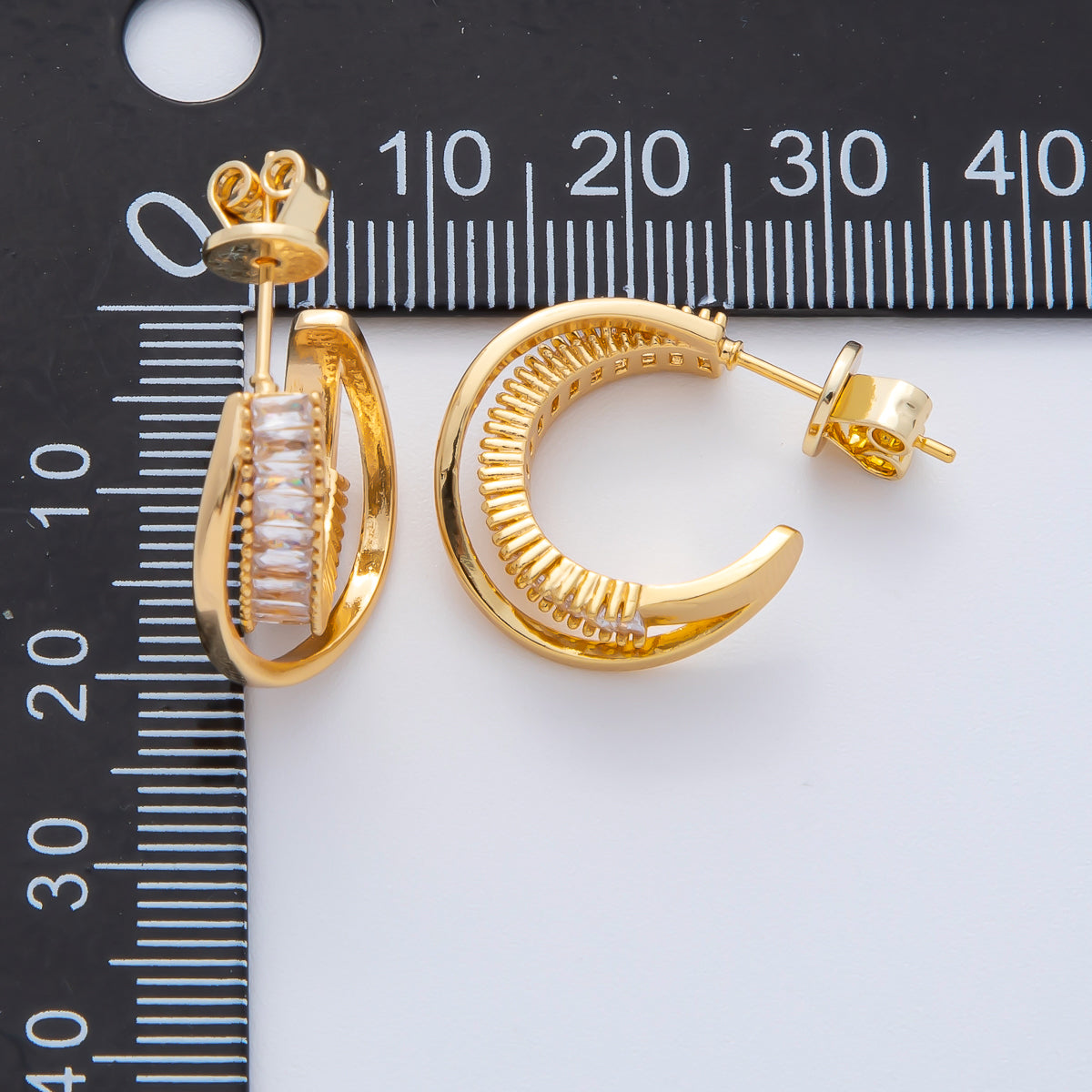 18K Gold Filled 20mm Baguette CZ Double Band C-Shaped Hoop Earrings | AD1599