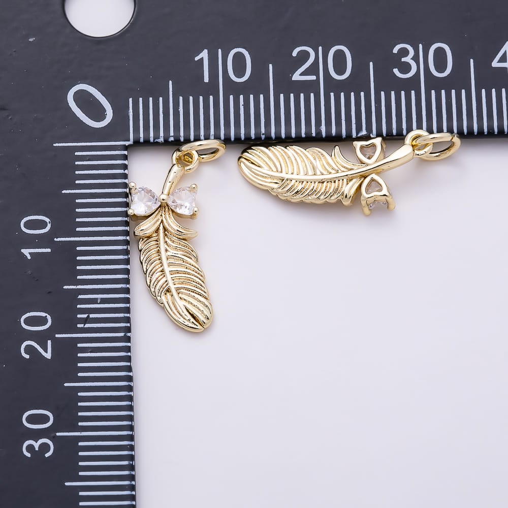16K Gold Filled 19mm Double Heart Clear CZ Textured Feather Bow Charm | Charms-02144 - Charms-02145