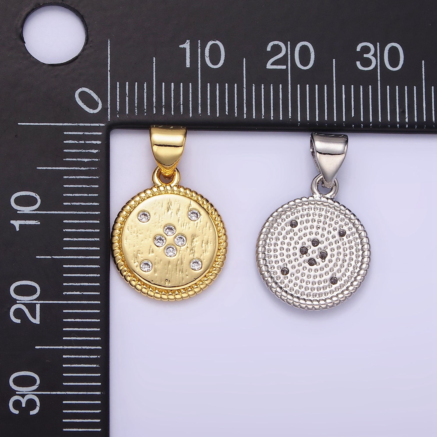 14K Gold Filled CZ Dotted Round Croissant Bezel Pendant in Gold & Silver | AA1152 - DLUXCA