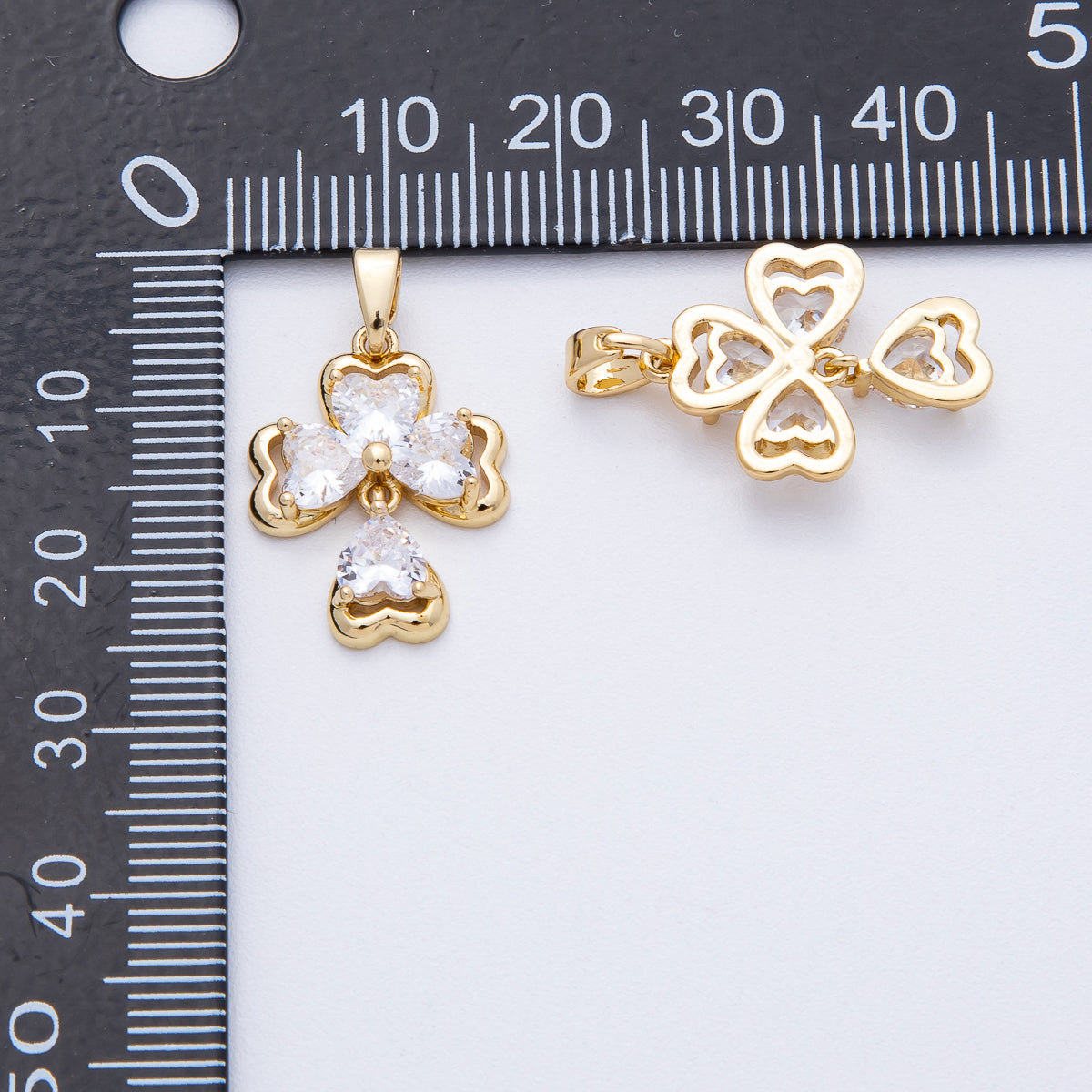 18K Gold Filled 20mm Clear CZ Clover Flower Religious Cross Drop Pendant | AF1216