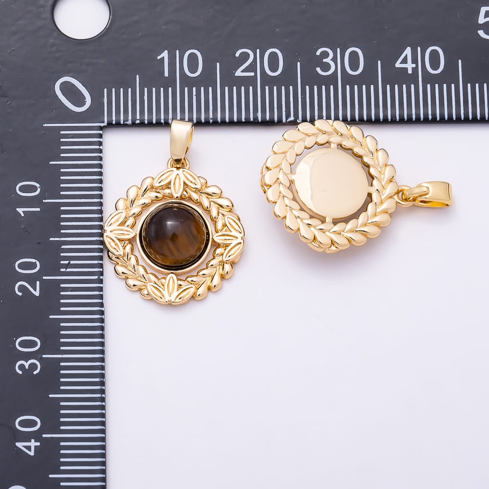 16K Gold Filled 20mm Tiger Eye Round Leaf Bezel Rhombus Pendant in Gold & Silver | Charms-02339 Charms-02340
