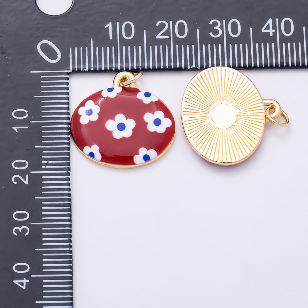16K Gold Filled 19mm Red Blue White Daisy Flower Enamel Oval East West Charm | Charms-02371