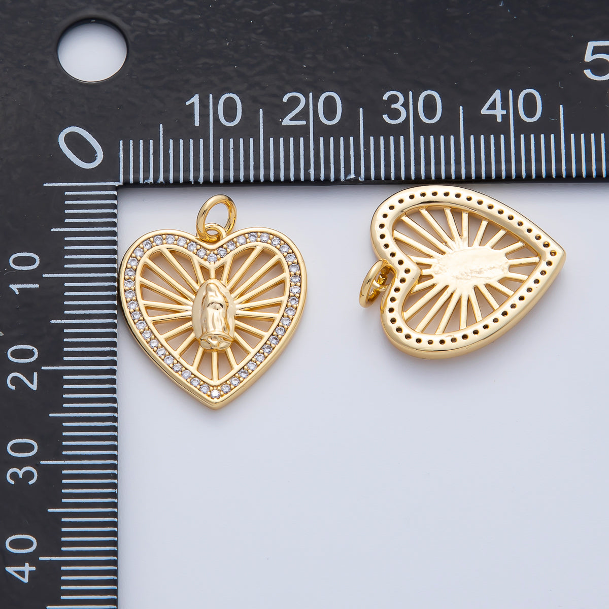18K Gold Filled 19.6mm Mother Mary Micro Paved CZ Open Bar Heart Charm | AF1466