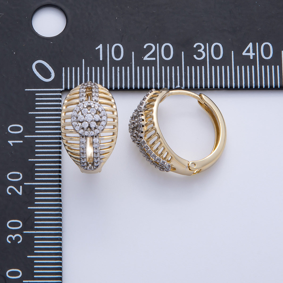 14K Gold Filled 20mm Mixed Metal Micro Paved CZ Filigree Open Huggie Earrings | Earrings-00079
