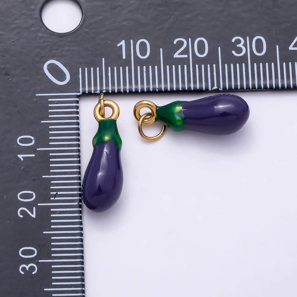 16K Gold Filled 20mm Purple Green Enamel Eggplant Vegetable 3D Multidimensional Charm | Charms-02240