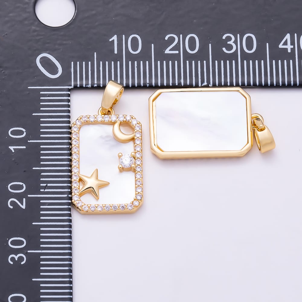 16K Gold Filled 20mm Celestial Star Moon Micro Paved CZ Shell Pearl Rectangle Pendant in Gold & Silver | Charms-02333 Charms-02334