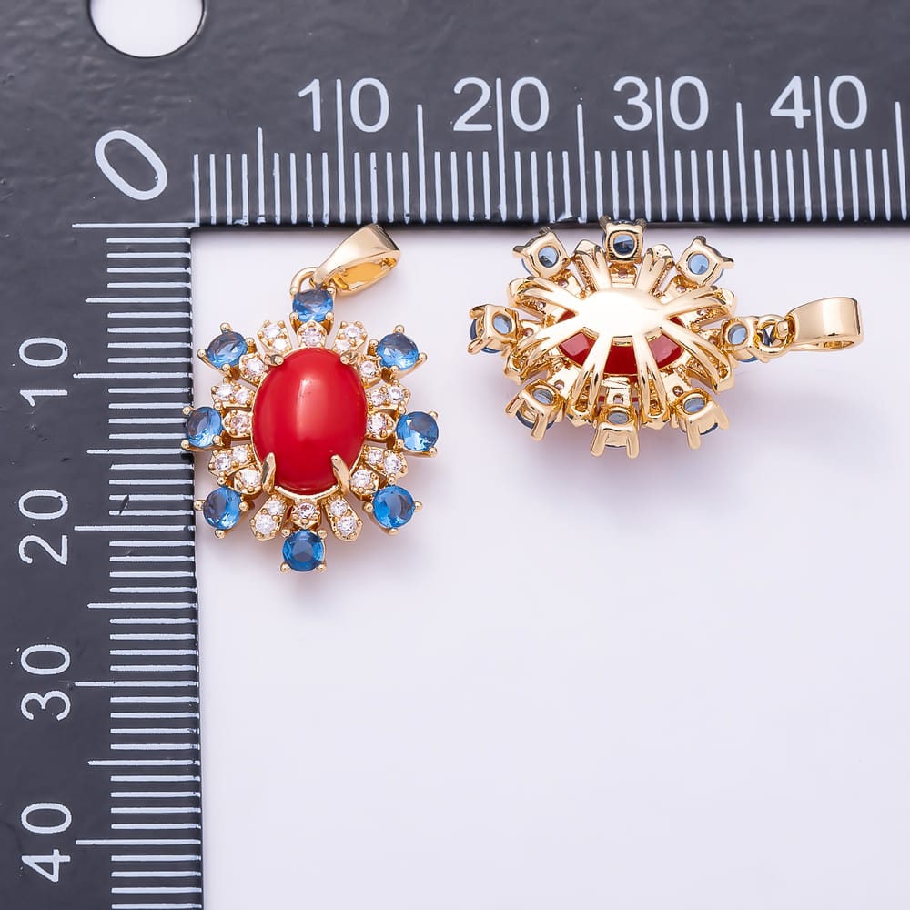 16K Gold Filled 20mm Red Carnelian Cabochon Multicolor CZ Bezel Oval Pendant | Charms-02321
