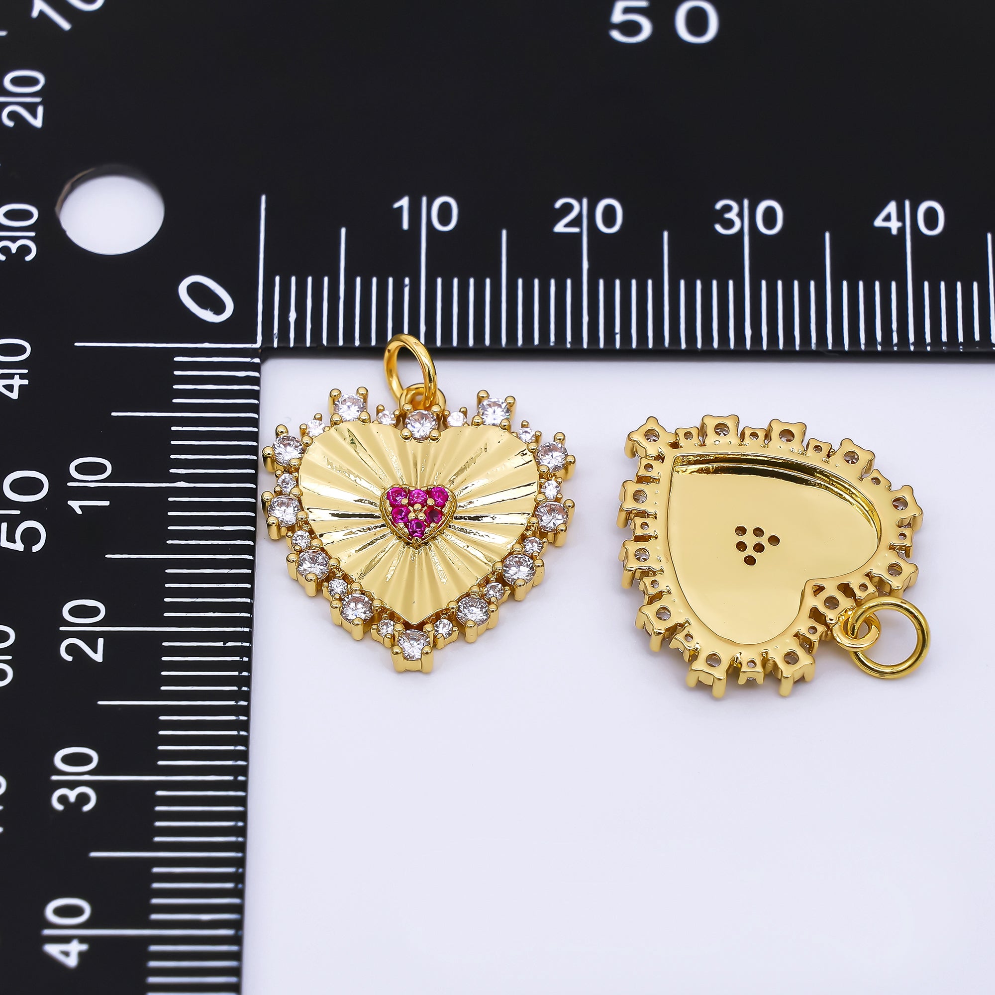 24K Gold Filled 20mm Clear, Pink Micro Paved CZ Sunburst Heart Charm | AH554