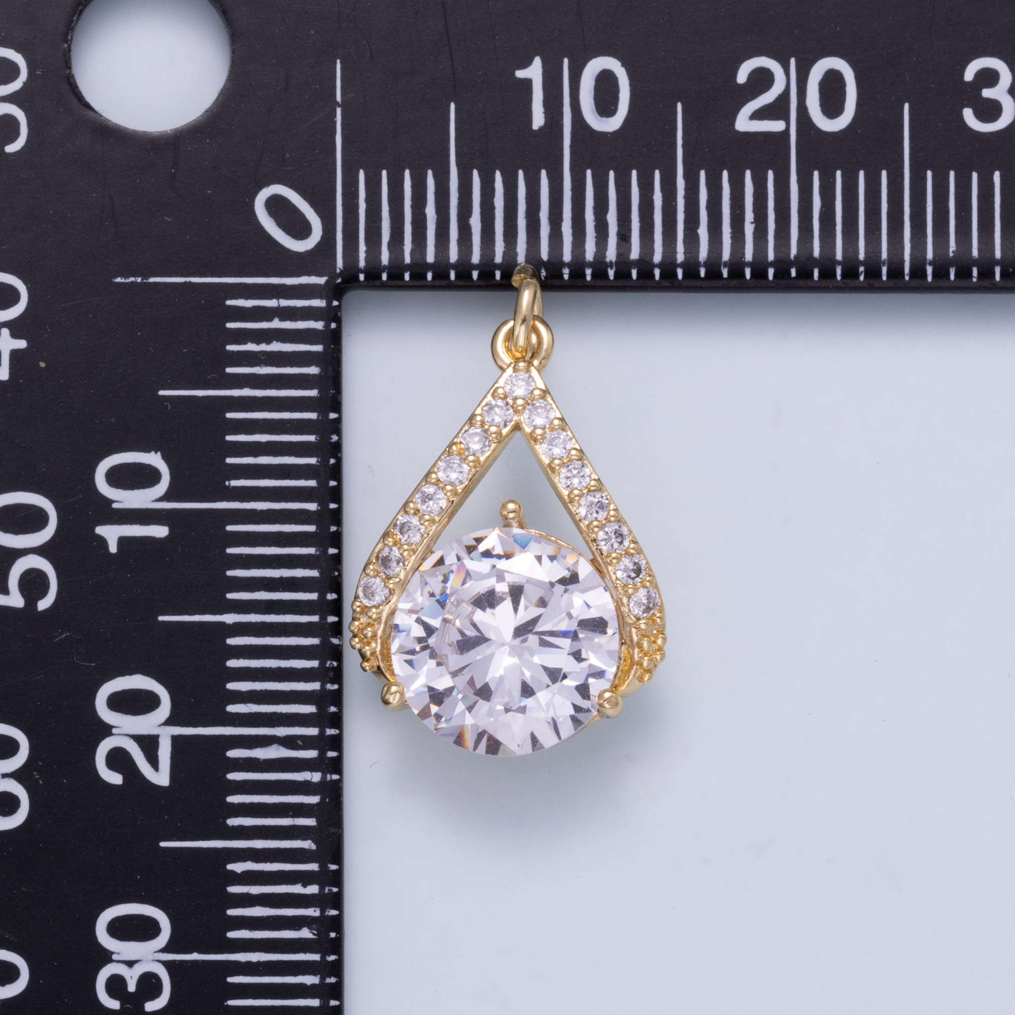 16K Gold Filled 19mm Clear CZ Round Micro Paved Teardrop Open Solitaire Charm | Charms-01267