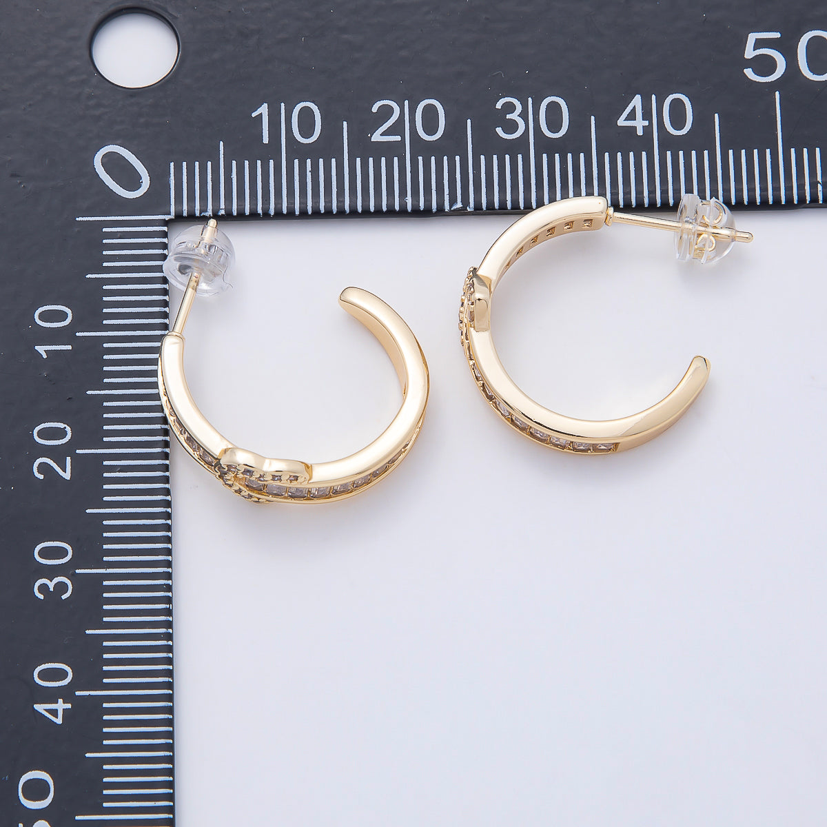 16K Gold Filled 20mm Heart Knot Baguette Micro Paved CZ C-Shaped Hoop in Gold & Silver | Earrings-00643 Earrings-00644