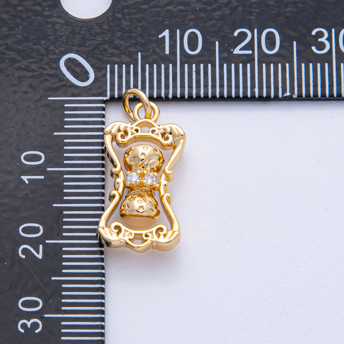 18K Gold Filled 20.5mm Clear CZ Hourglass Sand Timer 3D Multidimensional Charm | AK014