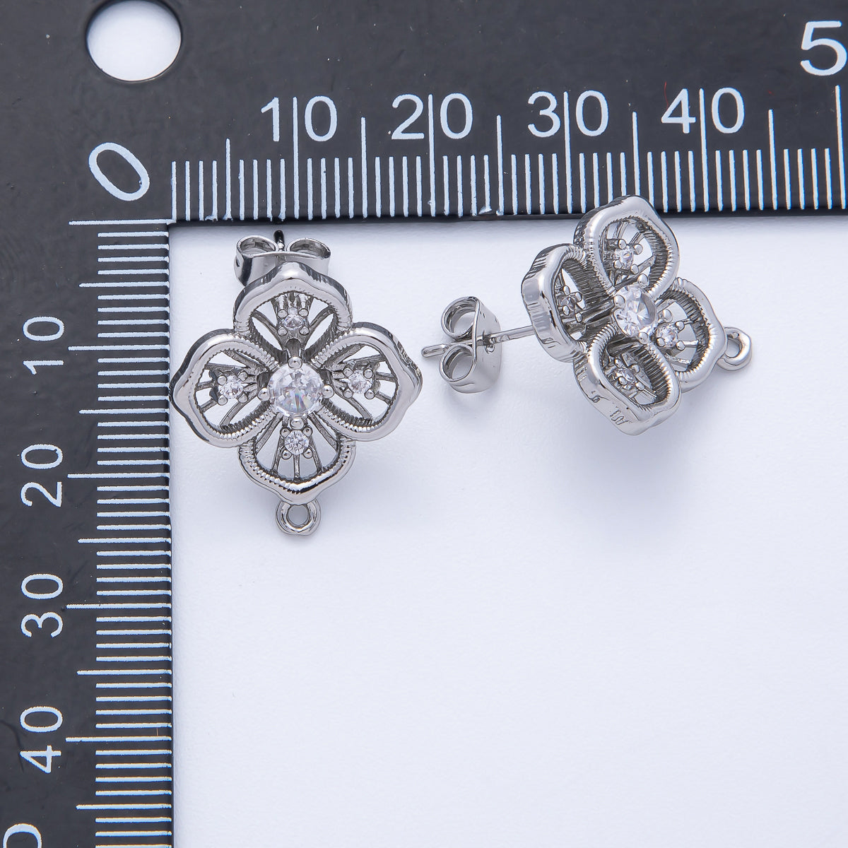Silver 21mm Clear CZ Open Clover Flower Stud Earrings Findings Supply | Z1667