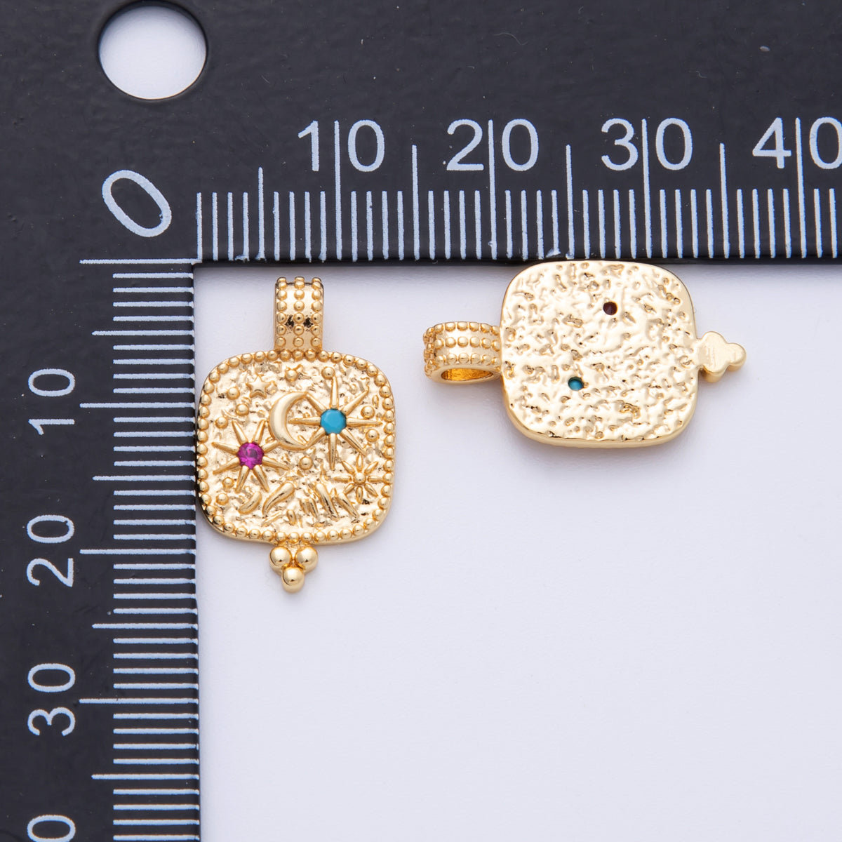 14K Gold Filled 21mm Colorful Moon And Star CZ Celestial Textured Pendant | CHARMS-00077