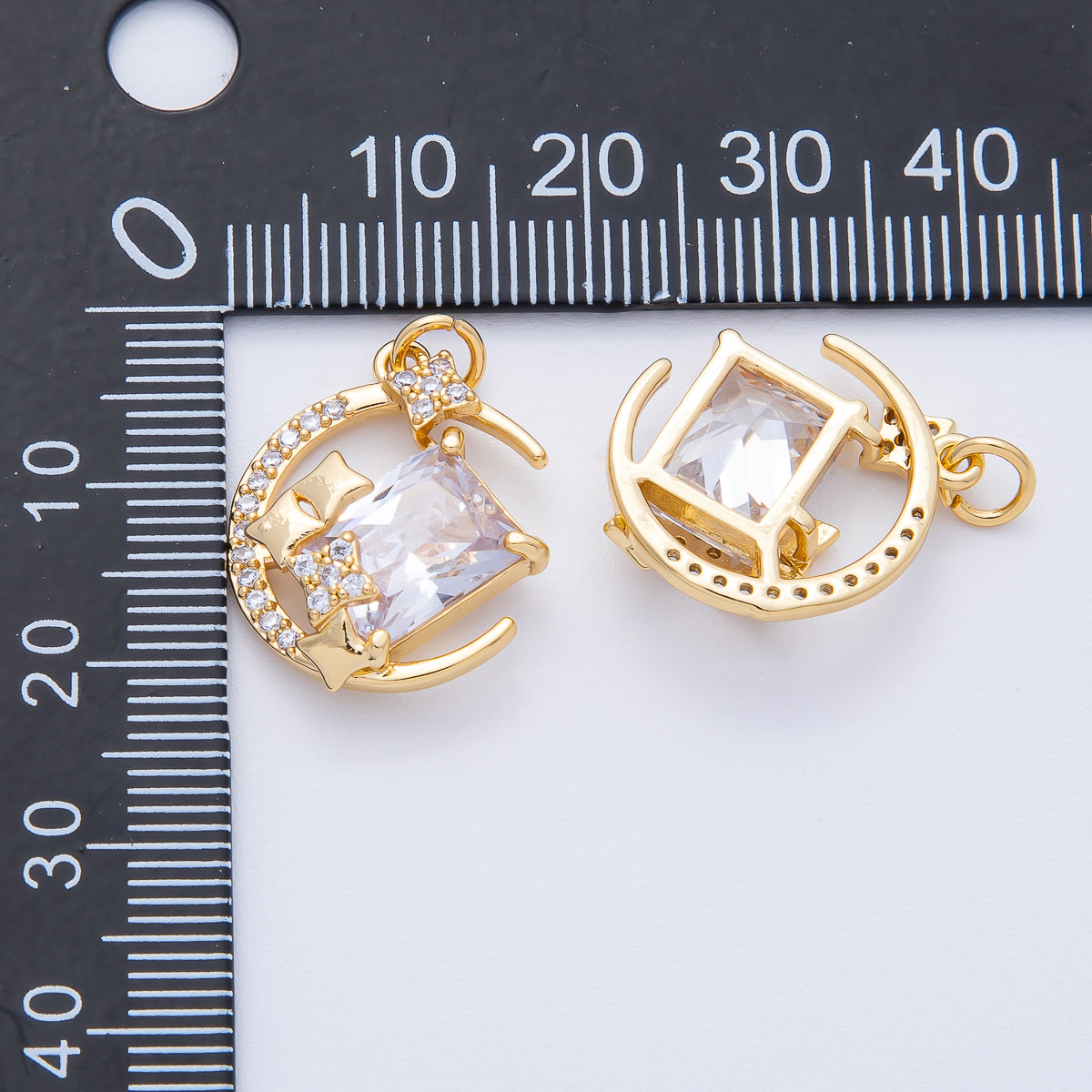 18K Gold Filled 20mm Rhombus Micro Paved CZ Crescent Moon Charm | AK155