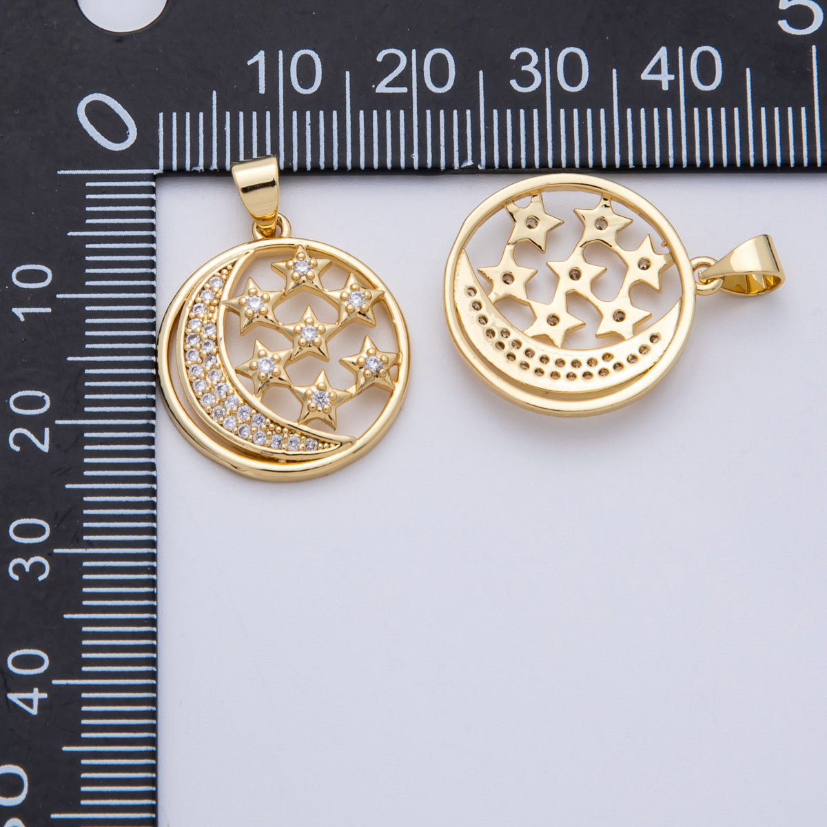 16K Gold Filled 21mm Micro Paved CZ Open Celestial Crescent Moon Star Round Pendant | Charms-00183