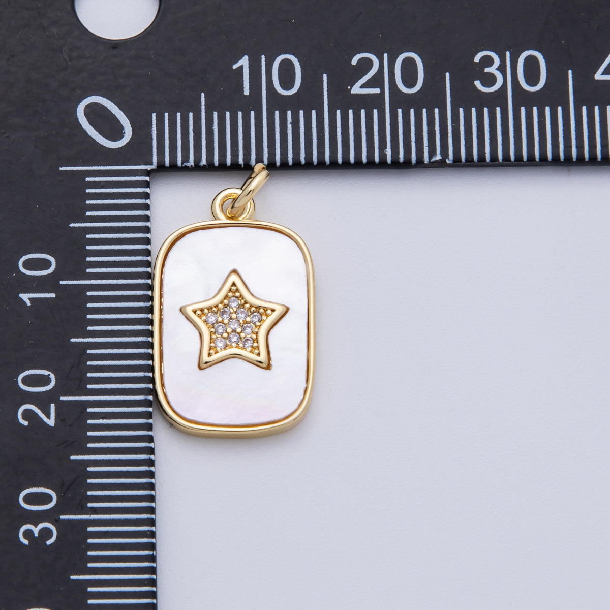 14K Gold Filled 21mm Micro Paved CZ Star Shell Pearl Rectangle Charm | C977