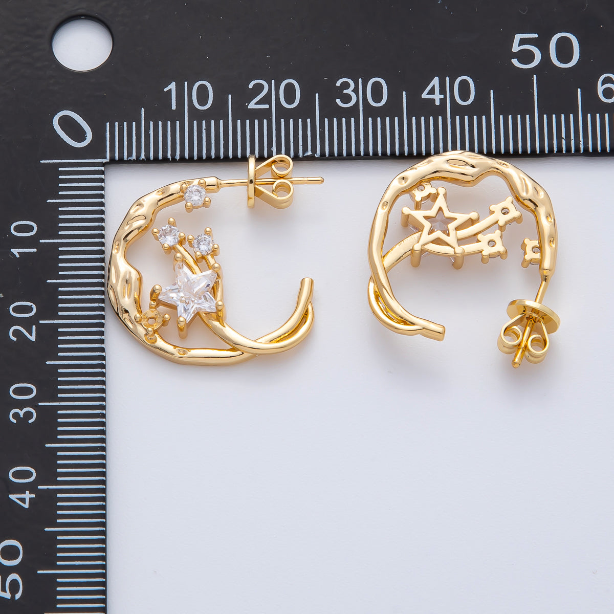18K Gold Filled 20mm Celestial Star CZ Molten C-Shaped Hoop Earrings | AD1615