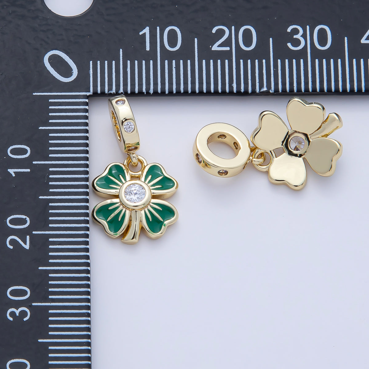 18K Gold Filled Clear CZ Green Enamel Clover Dotted Rondelle Drop Pendant | AF1475