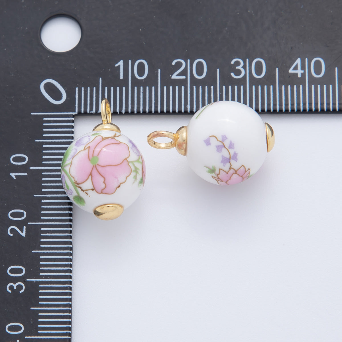 18K Gold Filled 21mm Pink, Purple, Red Violet Flower Round Ceramic Drop Pendant | AF700 AF701