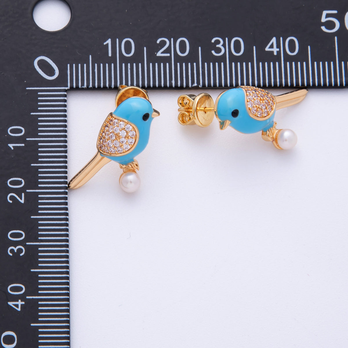 14K Gold Filled 21.5mm Blue Enamel Micro Paved CZ Parrot Bird Stud Earrings | EARRINGS-00013