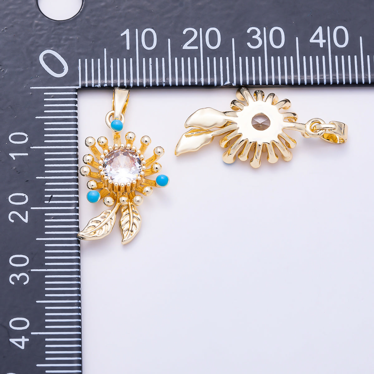 16K Gold Filled 21mm Clear & Turquoise CZ Dandelion Flower Pendant | Charms-01893