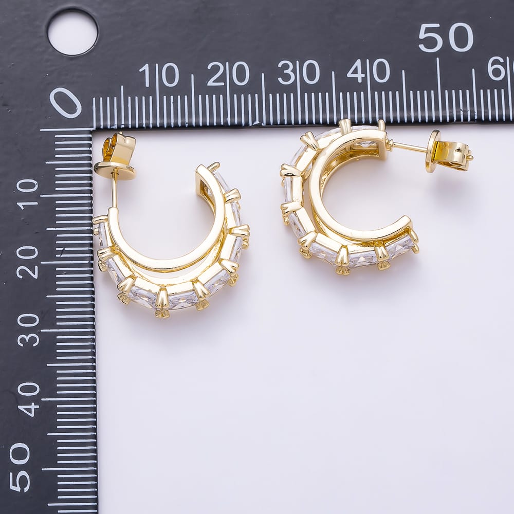16K Gold Filled 28mm Radiant Cut Clear CZ C Hoop Earrings | Earrings-01057 - Earrings-01058