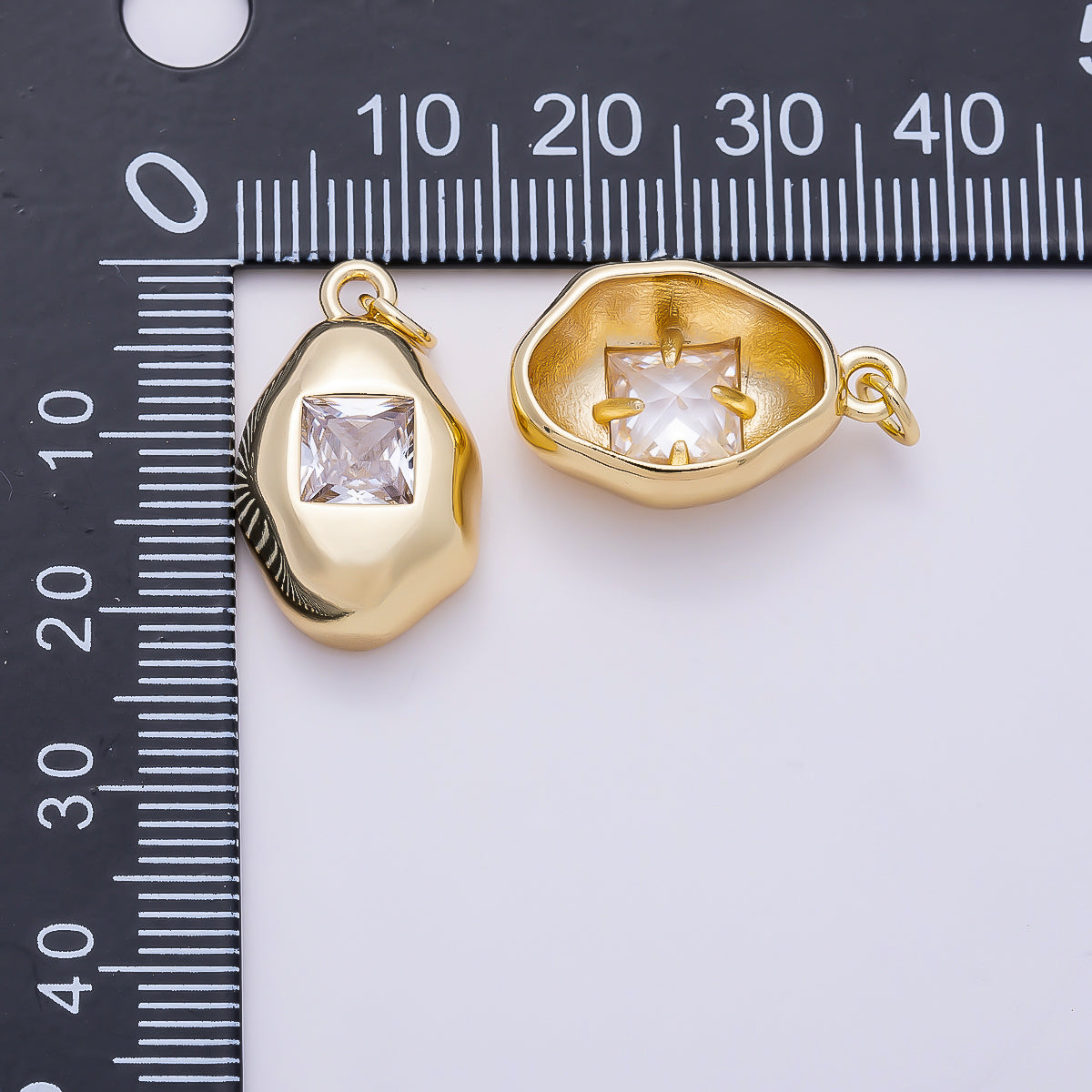 16K Gold Filled 21mm Clear Baguette CZ Square Geometric Molten Bezel Chubby Charm | Charms-01356