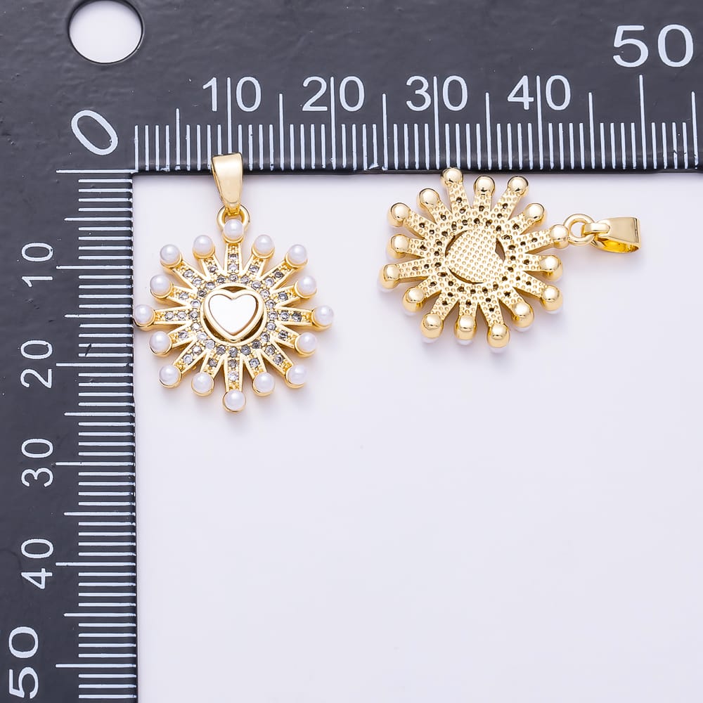 16K Gold Filled 22mm Shell Pearl Beaded Heart Mother of Pearl CZ Celestial Sunburst Pendant | Charms-02218