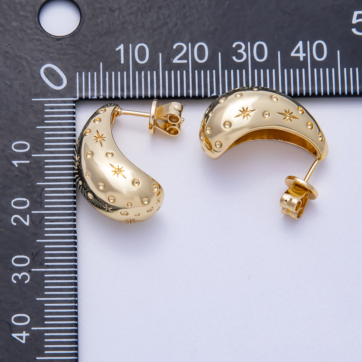 16K Gold Filled 22mm Celestial Star Dotted Textured Dome Teardrop Stud Earrings | Earrings-00322