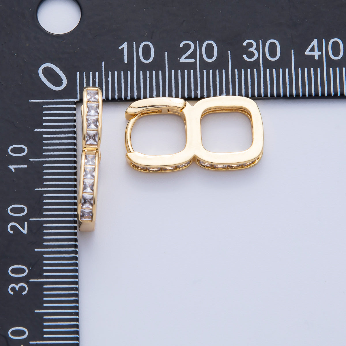 18K Gold Filled 22mm Clear Baguette CZ Double Square Drop Huggie Earrings | T479