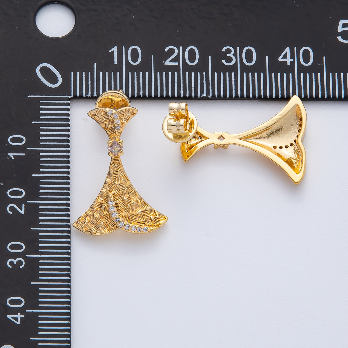 18K Gold Filled 22mm Micro Paved CZ Line-Textured Curved Geometric Drop Stud Earrings | AD1608