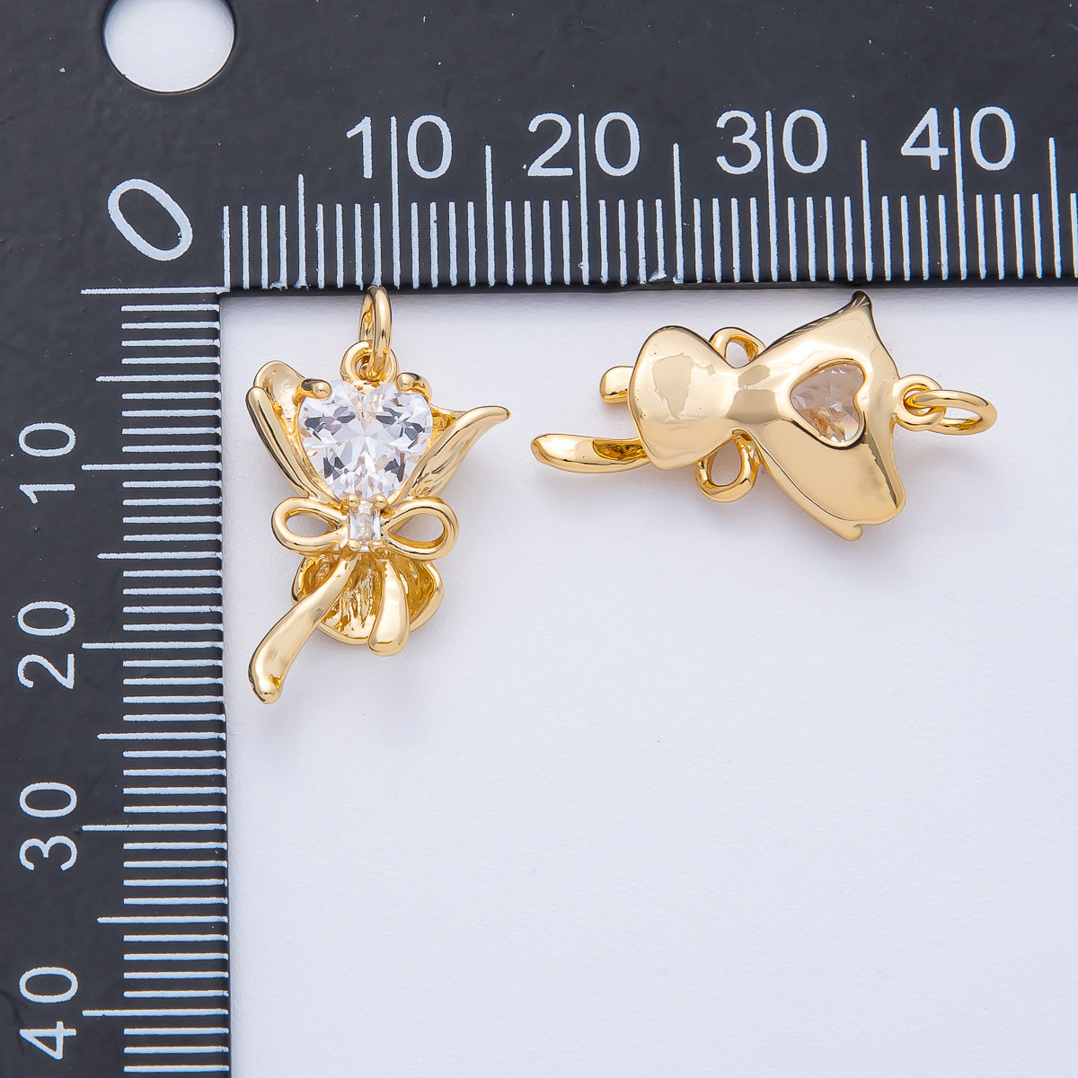 18K Gold Filled 22mm Clear Heart CZ Ribbon Flower Bouquet 3D Multidimensional Mini Charm | AK196