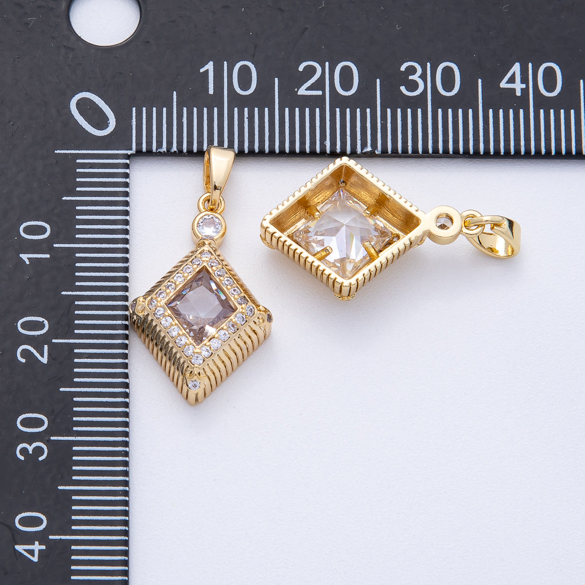 18K Gold Filled 22mm Clear CZ Micro Paved Ribbed Rhombus Pendant | AF1228