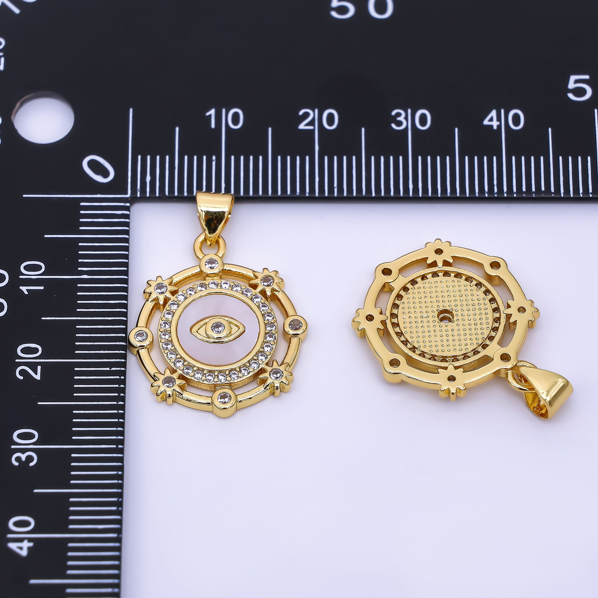 24K Gold Filled 22mm Micro Paved CZ Shell Pearl Evil Eye Round Bezel Pendant | AH543