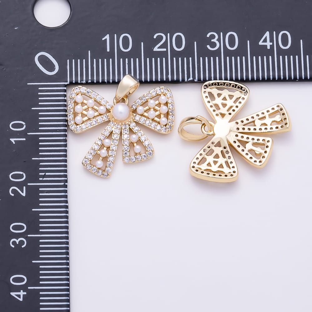 16K Gold Filled 20mm Micro Paved CZ Shell Pearl Ribbon Bow Pendant | Charms-02181