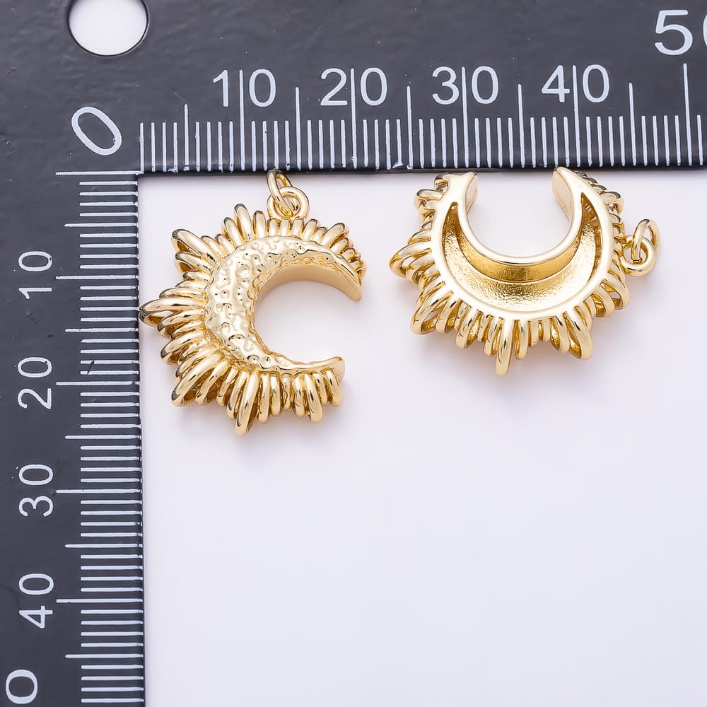 16K Gold Filled 22mm Celestial Crescent Moon Geometric Sunburst Loop Hammered Charm | Charms-02302