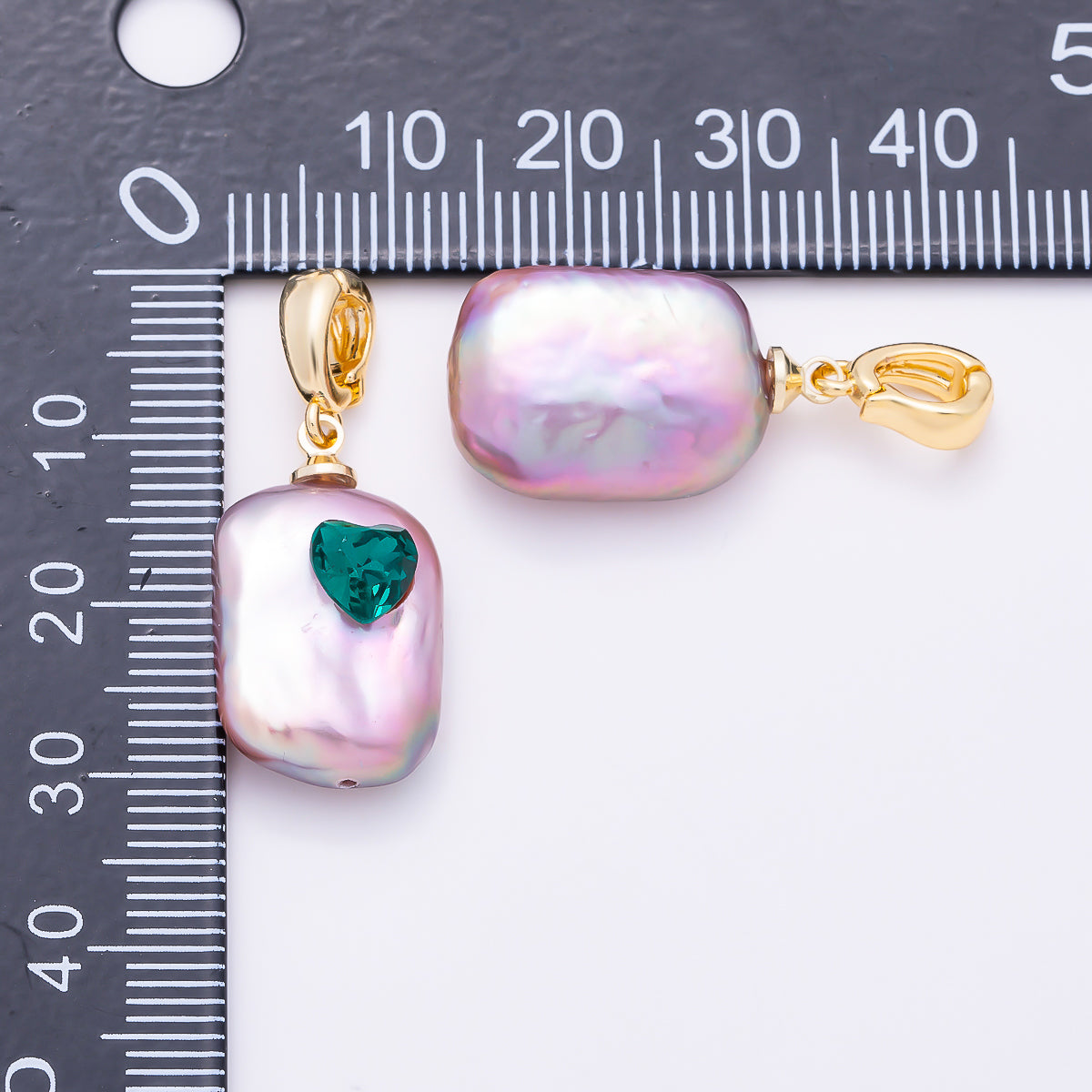 16K Gold Filled 22mm Green CZ Heart Embedded Purple Freshwater Pearl Charm | Charms-01632